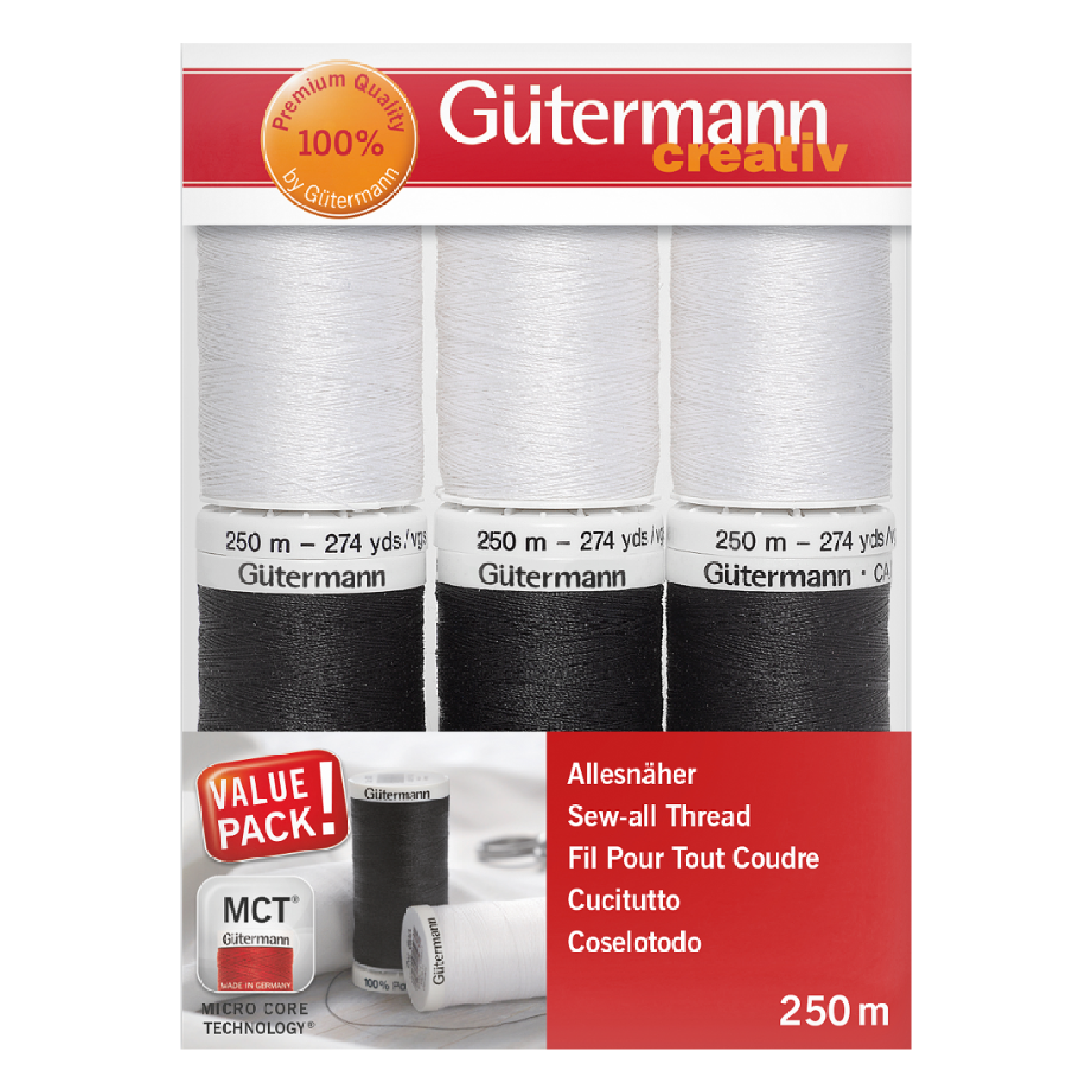 Set de hilo Gütermann Coselotodo 6 carretes 250mts - Colores blanco y negro